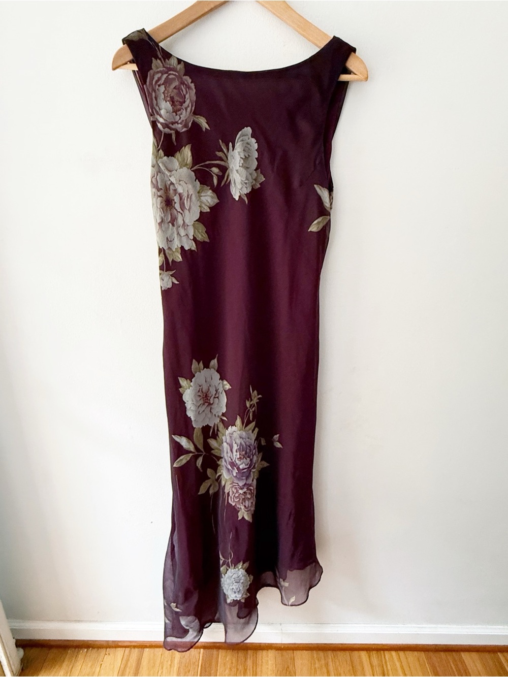 Vintage Women Y2K Floral Cowl Asymmetrical Sheer Maxi Dress Size 12 Dark Romance